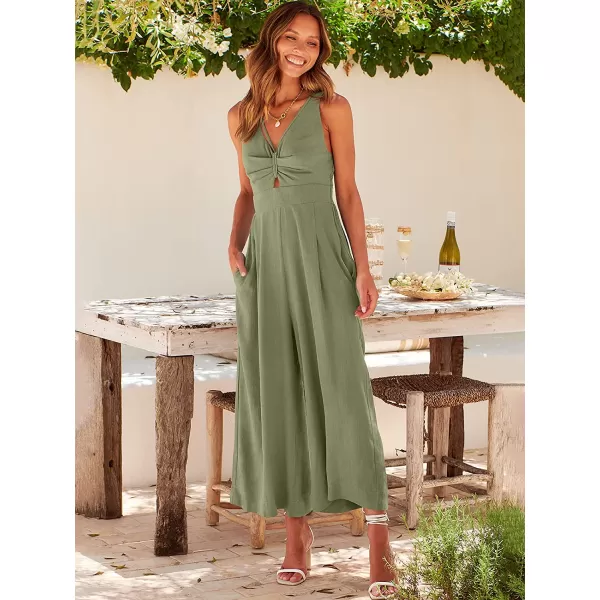 imageANRABESS Womens Summer Wide leg Jumpsuits V Neck Smocked Cutout High Waist Thick adjustable straps RompersOlive