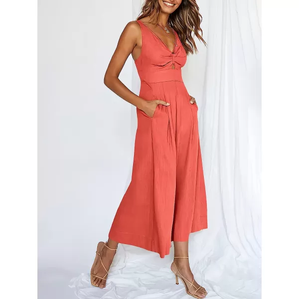 imageANRABESS Womens Summer Wide leg Jumpsuits V Neck Smocked Cutout High Waist Thick adjustable straps RompersPeach