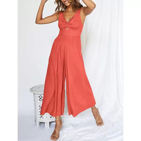 imageANRABESS Womens Summer Wide leg Jumpsuits V Neck Smocked Cutout High Waist Thick adjustable straps RompersPeach