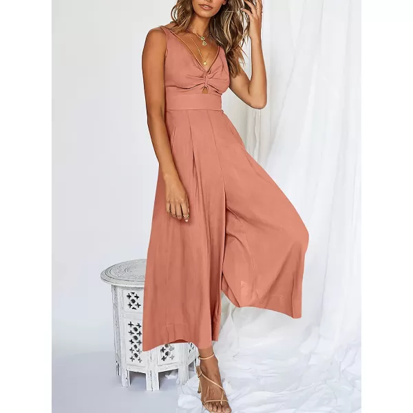 imageANRABESS Womens Summer Wide leg Jumpsuits V Neck Smocked Cutout High Waist Thick adjustable straps RompersPink