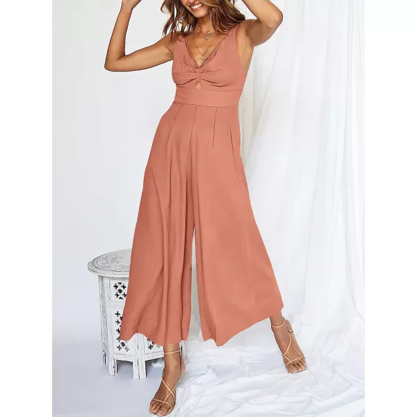 imageANRABESS Womens Summer Wide leg Jumpsuits V Neck Smocked Cutout High Waist Thick adjustable straps RompersPink