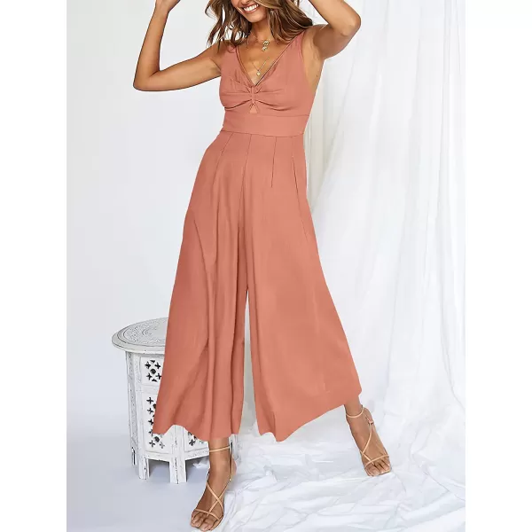 imageANRABESS Womens Summer Wide leg Jumpsuits V Neck Smocked Cutout High Waist Thick adjustable straps RompersPink