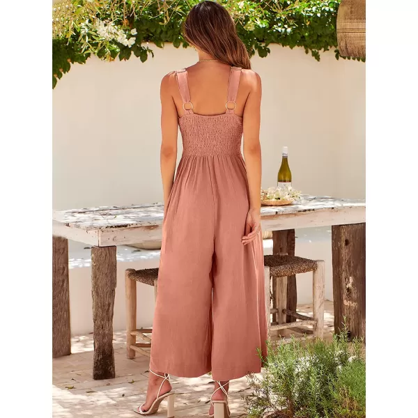 imageANRABESS Womens Summer Wide leg Jumpsuits V Neck Smocked Cutout High Waist Thick adjustable straps RompersPink
