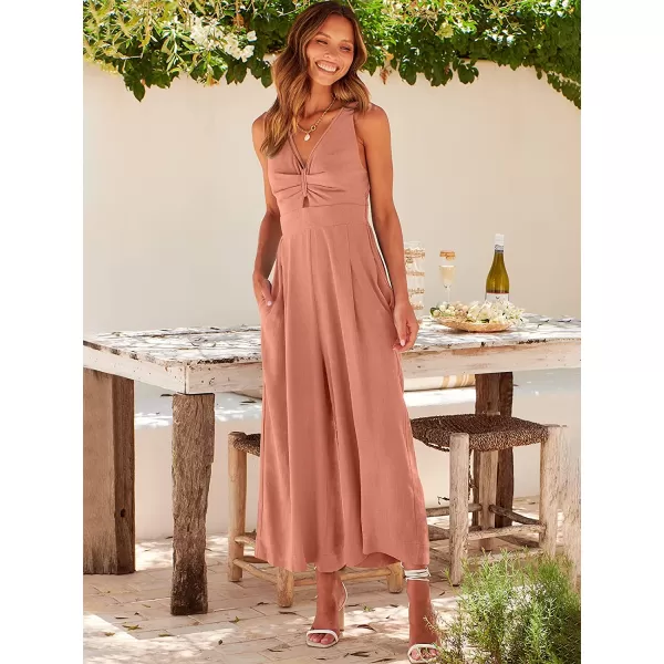 imageANRABESS Womens Summer Wide leg Jumpsuits V Neck Smocked Cutout High Waist Thick adjustable straps RompersPink