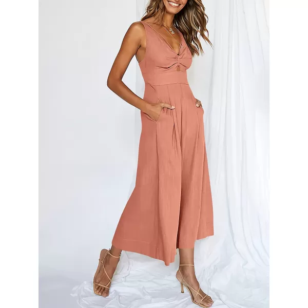 imageANRABESS Womens Summer Wide leg Jumpsuits V Neck Smocked Cutout High Waist Thick adjustable straps RompersPink