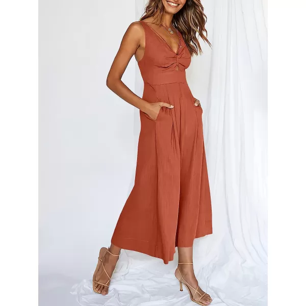 imageANRABESS Womens Summer Wide leg Jumpsuits V Neck Smocked Cutout High Waist Thick adjustable straps RompersRust