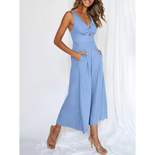 imageANRABESS Womens Summer Wide leg Jumpsuits V Neck Smocked Cutout High Waist Thick adjustable straps RompersSky Blue