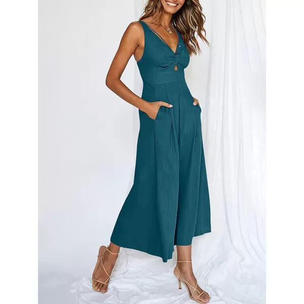imageANRABESS Womens Summer Wide leg Jumpsuits V Neck Smocked Cutout High Waist Thick adjustable straps RompersTeal