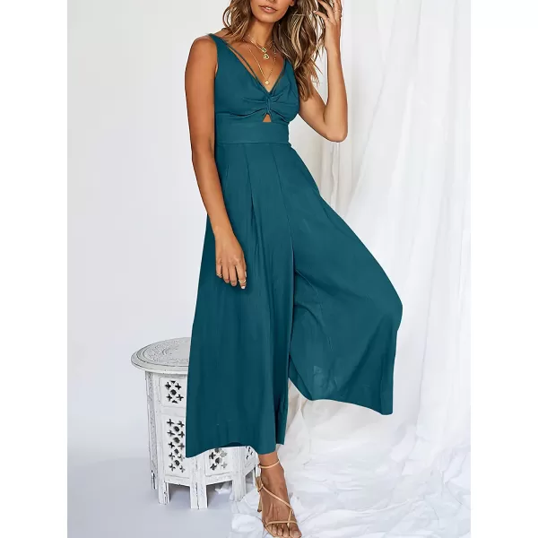 imageANRABESS Womens Summer Wide leg Jumpsuits V Neck Smocked Cutout High Waist Thick adjustable straps RompersTeal