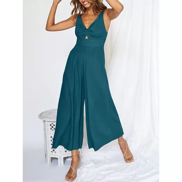imageANRABESS Womens Summer Wide leg Jumpsuits V Neck Smocked Cutout High Waist Thick adjustable straps RompersTeal