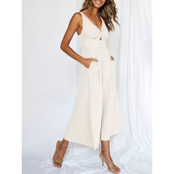 imageANRABESS Womens Summer Wide leg Jumpsuits V Neck Smocked Cutout High Waist Thick adjustable straps RompersWhite