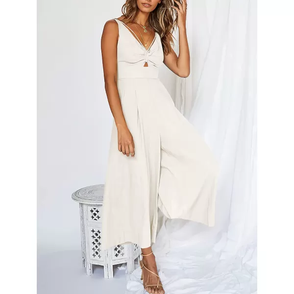 imageANRABESS Womens Summer Wide leg Jumpsuits V Neck Smocked Cutout High Waist Thick adjustable straps RompersWhite
