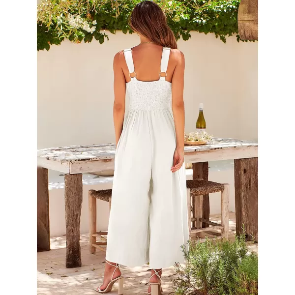 imageANRABESS Womens Summer Wide leg Jumpsuits V Neck Smocked Cutout High Waist Thick adjustable straps RompersWhite