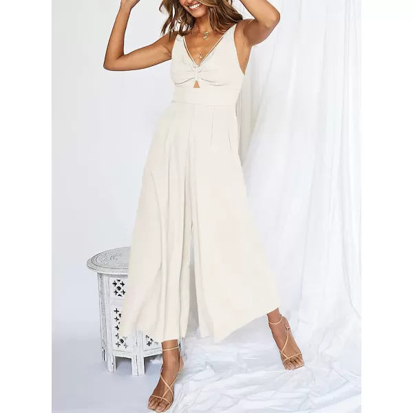 imageANRABESS Womens Summer Wide leg Jumpsuits V Neck Smocked Cutout High Waist Thick adjustable straps RompersWhite