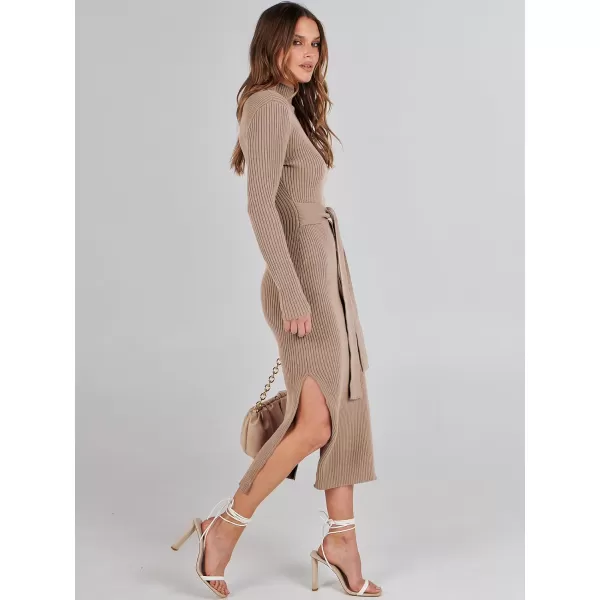 imageANRABESS Womens Sweater Dress 2023 Elegant Fall Long Sleeve Mock Neck Tie Waist Slim Fit Slit Sexy Ribbed Knit Midi DressesApricot