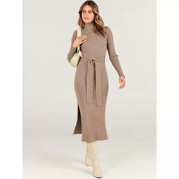 imageANRABESS Womens Sweater Dress 2023 Elegant Fall Long Sleeve Mock Neck Tie Waist Slim Fit Slit Sexy Ribbed Knit Midi DressesApricot