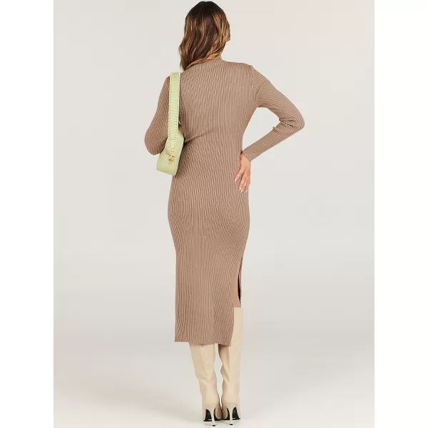 imageANRABESS Womens Sweater Dress 2023 Elegant Fall Long Sleeve Mock Neck Tie Waist Slim Fit Slit Sexy Ribbed Knit Midi DressesApricot