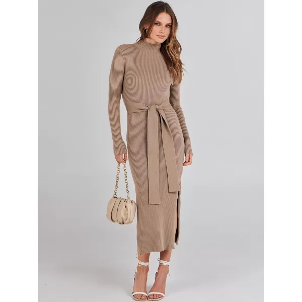 imageANRABESS Womens Sweater Dress 2023 Elegant Fall Long Sleeve Mock Neck Tie Waist Slim Fit Slit Sexy Ribbed Knit Midi DressesApricot