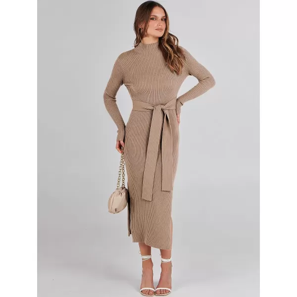 imageANRABESS Womens Sweater Dress 2023 Elegant Fall Long Sleeve Mock Neck Tie Waist Slim Fit Slit Sexy Ribbed Knit Midi DressesApricot