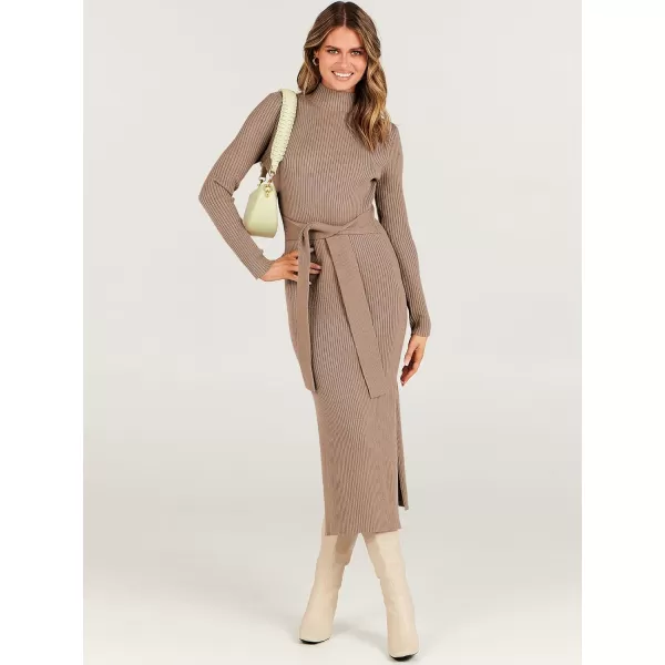 imageANRABESS Womens Sweater Dress 2023 Elegant Fall Long Sleeve Mock Neck Tie Waist Slim Fit Slit Sexy Ribbed Knit Midi DressesApricot