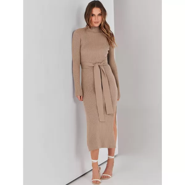 imageANRABESS Womens Sweater Dress 2023 Elegant Fall Long Sleeve Mock Neck Tie Waist Slim Fit Slit Sexy Ribbed Knit Midi DressesApricot