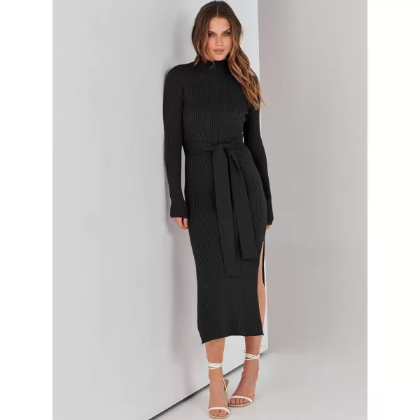 imageANRABESS Womens Sweater Dress 2023 Elegant Fall Long Sleeve Mock Neck Tie Waist Slim Fit Slit Sexy Ribbed Knit Midi DressesBlack