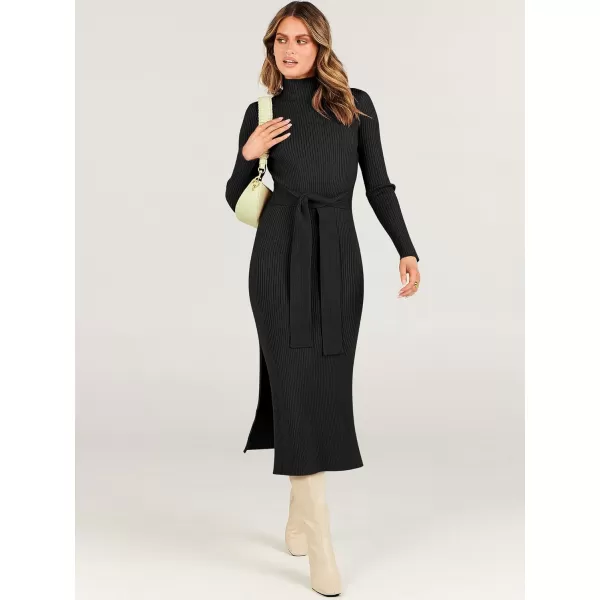 imageANRABESS Womens Sweater Dress 2023 Elegant Fall Long Sleeve Mock Neck Tie Waist Slim Fit Slit Sexy Ribbed Knit Midi DressesBlack
