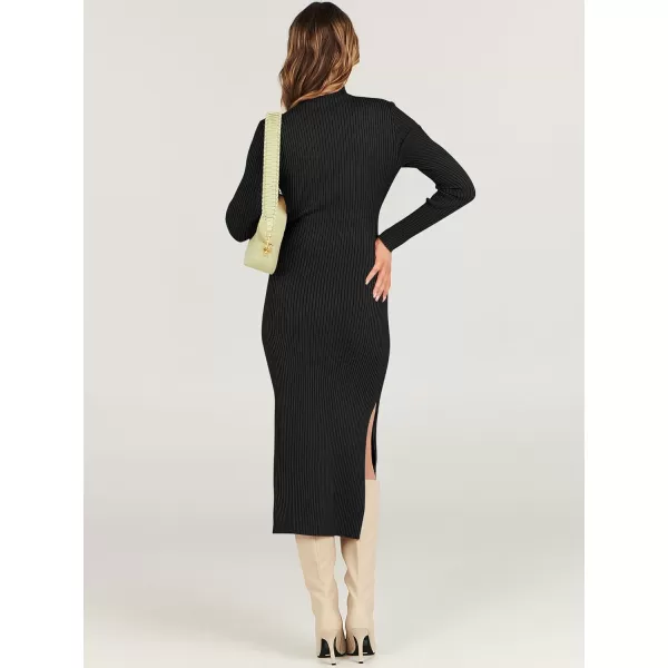 imageANRABESS Womens Sweater Dress 2023 Elegant Fall Long Sleeve Mock Neck Tie Waist Slim Fit Slit Sexy Ribbed Knit Midi DressesBlack