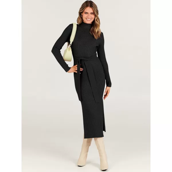 imageANRABESS Womens Sweater Dress 2023 Elegant Fall Long Sleeve Mock Neck Tie Waist Slim Fit Slit Sexy Ribbed Knit Midi DressesBlack