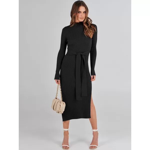 imageANRABESS Womens Sweater Dress 2023 Elegant Fall Long Sleeve Mock Neck Tie Waist Slim Fit Slit Sexy Ribbed Knit Midi DressesBlack