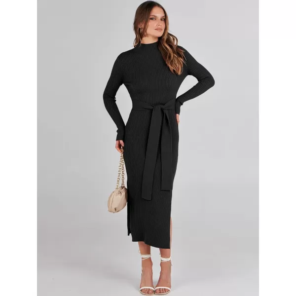 imageANRABESS Womens Sweater Dress 2023 Elegant Fall Long Sleeve Mock Neck Tie Waist Slim Fit Slit Sexy Ribbed Knit Midi DressesBlack