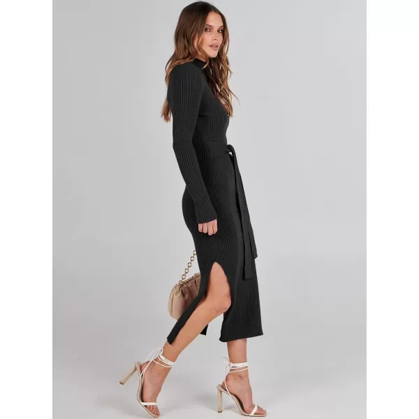 imageANRABESS Womens Sweater Dress 2023 Elegant Fall Long Sleeve Mock Neck Tie Waist Slim Fit Slit Sexy Ribbed Knit Midi DressesBlack