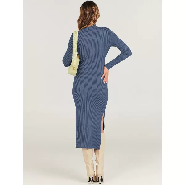 imageANRABESS Womens Sweater Dress 2023 Elegant Fall Long Sleeve Mock Neck Tie Waist Slim Fit Slit Sexy Ribbed Knit Midi DressesDusty Blue