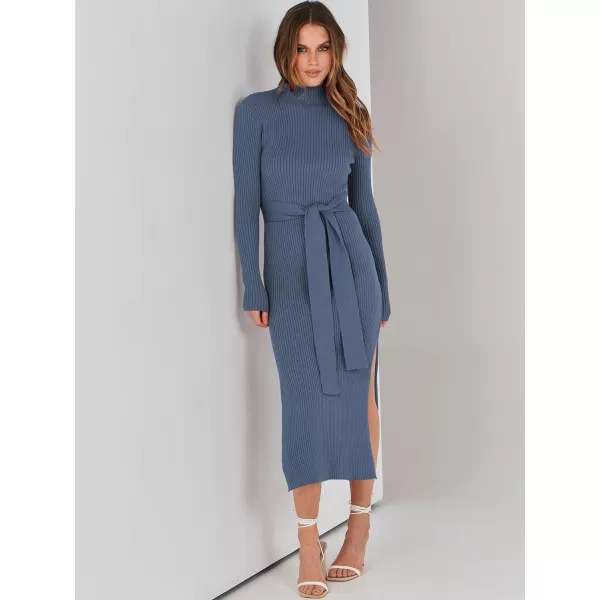 imageANRABESS Womens Sweater Dress 2023 Elegant Fall Long Sleeve Mock Neck Tie Waist Slim Fit Slit Sexy Ribbed Knit Midi DressesDusty Blue
