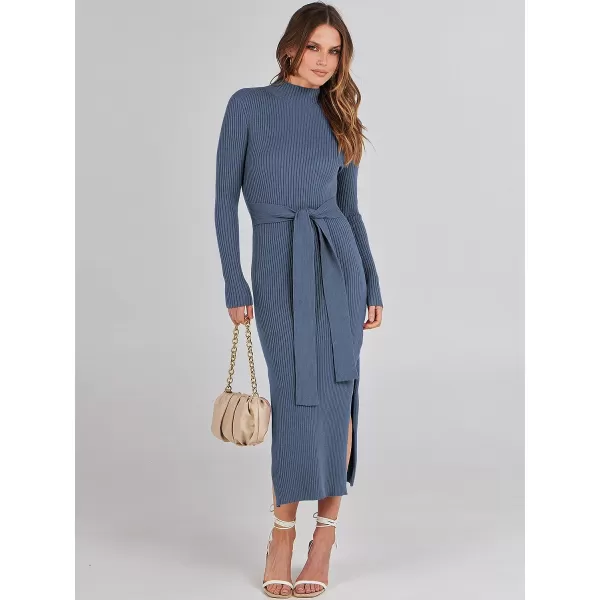 imageANRABESS Womens Sweater Dress 2023 Elegant Fall Long Sleeve Mock Neck Tie Waist Slim Fit Slit Sexy Ribbed Knit Midi DressesDusty Blue
