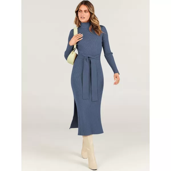 imageANRABESS Womens Sweater Dress 2023 Elegant Fall Long Sleeve Mock Neck Tie Waist Slim Fit Slit Sexy Ribbed Knit Midi DressesDusty Blue