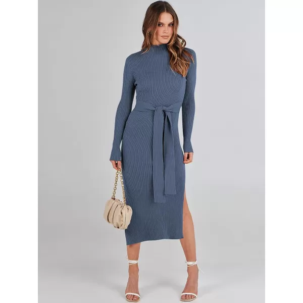imageANRABESS Womens Sweater Dress 2023 Elegant Fall Long Sleeve Mock Neck Tie Waist Slim Fit Slit Sexy Ribbed Knit Midi DressesDusty Blue