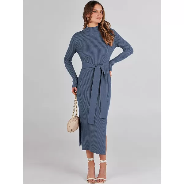 imageANRABESS Womens Sweater Dress 2023 Elegant Fall Long Sleeve Mock Neck Tie Waist Slim Fit Slit Sexy Ribbed Knit Midi DressesDusty Blue