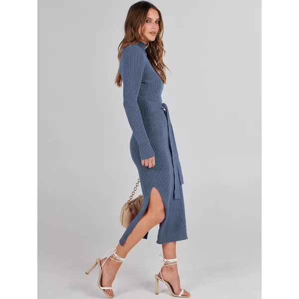 imageANRABESS Womens Sweater Dress 2023 Elegant Fall Long Sleeve Mock Neck Tie Waist Slim Fit Slit Sexy Ribbed Knit Midi DressesDusty Blue