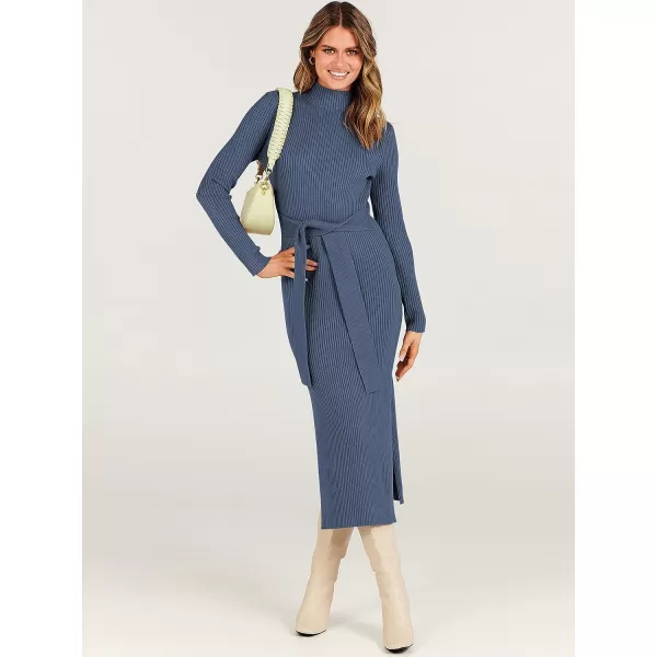 imageANRABESS Womens Sweater Dress 2023 Elegant Fall Long Sleeve Mock Neck Tie Waist Slim Fit Slit Sexy Ribbed Knit Midi DressesDusty Blue