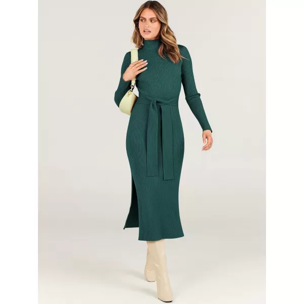 imageANRABESS Womens Sweater Dress 2023 Elegant Fall Long Sleeve Mock Neck Tie Waist Slim Fit Slit Sexy Ribbed Knit Midi DressesGreen