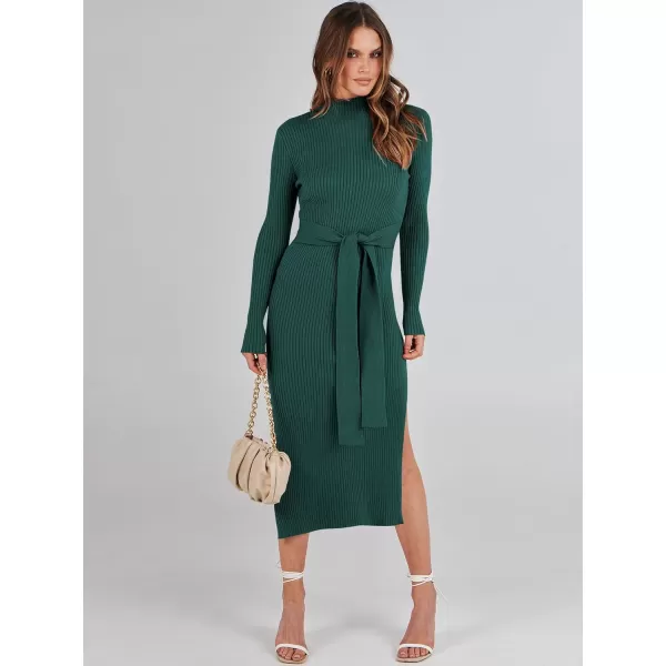 imageANRABESS Womens Sweater Dress 2023 Elegant Fall Long Sleeve Mock Neck Tie Waist Slim Fit Slit Sexy Ribbed Knit Midi DressesGreen