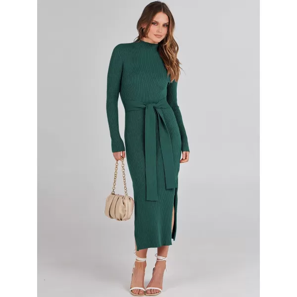 imageANRABESS Womens Sweater Dress 2023 Elegant Fall Long Sleeve Mock Neck Tie Waist Slim Fit Slit Sexy Ribbed Knit Midi DressesGreen