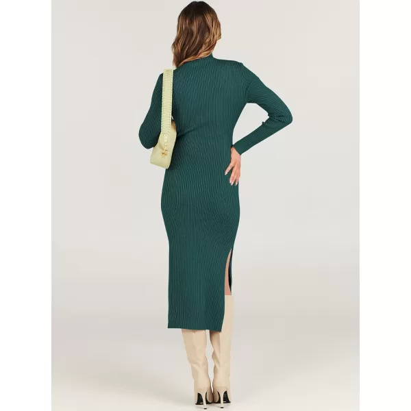 imageANRABESS Womens Sweater Dress 2023 Elegant Fall Long Sleeve Mock Neck Tie Waist Slim Fit Slit Sexy Ribbed Knit Midi DressesGreen