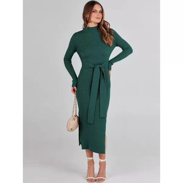 imageANRABESS Womens Sweater Dress 2023 Elegant Fall Long Sleeve Mock Neck Tie Waist Slim Fit Slit Sexy Ribbed Knit Midi DressesGreen