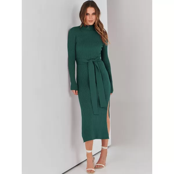 imageANRABESS Womens Sweater Dress 2023 Elegant Fall Long Sleeve Mock Neck Tie Waist Slim Fit Slit Sexy Ribbed Knit Midi DressesGreen