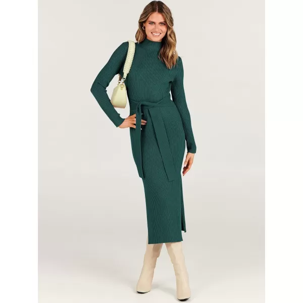imageANRABESS Womens Sweater Dress 2023 Elegant Fall Long Sleeve Mock Neck Tie Waist Slim Fit Slit Sexy Ribbed Knit Midi DressesGreen