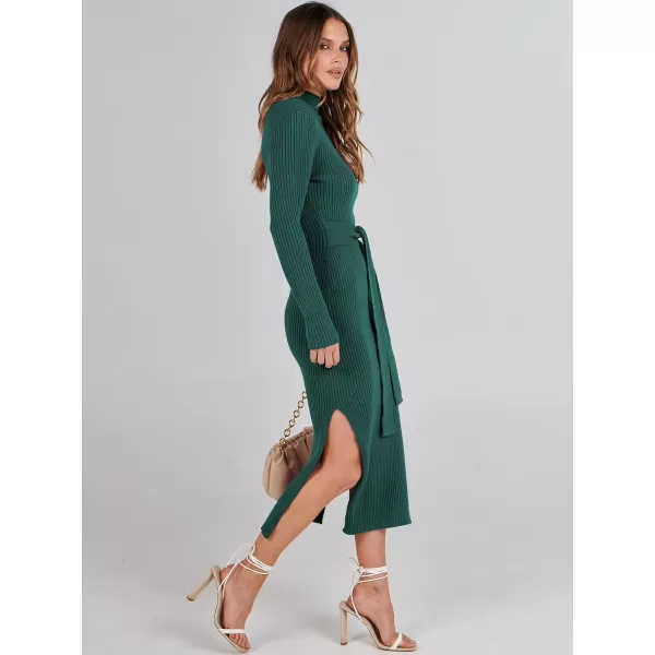 imageANRABESS Womens Sweater Dress 2023 Elegant Fall Long Sleeve Mock Neck Tie Waist Slim Fit Slit Sexy Ribbed Knit Midi DressesGreen