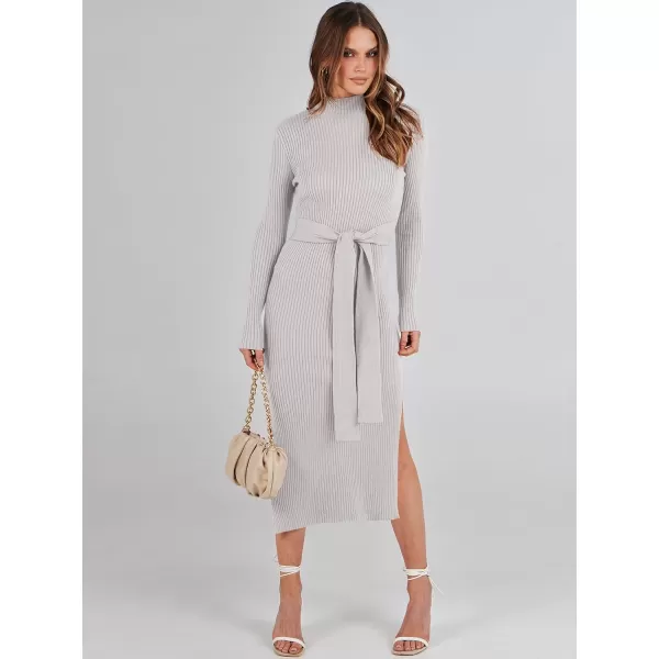 imageANRABESS Womens Sweater Dress 2023 Elegant Fall Long Sleeve Mock Neck Tie Waist Slim Fit Slit Sexy Ribbed Knit Midi DressesGrey
