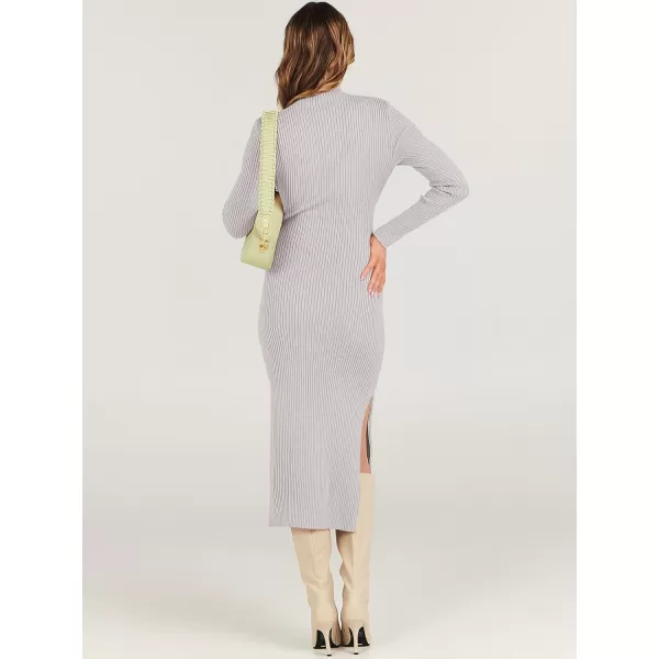 imageANRABESS Womens Sweater Dress 2023 Elegant Fall Long Sleeve Mock Neck Tie Waist Slim Fit Slit Sexy Ribbed Knit Midi DressesGrey